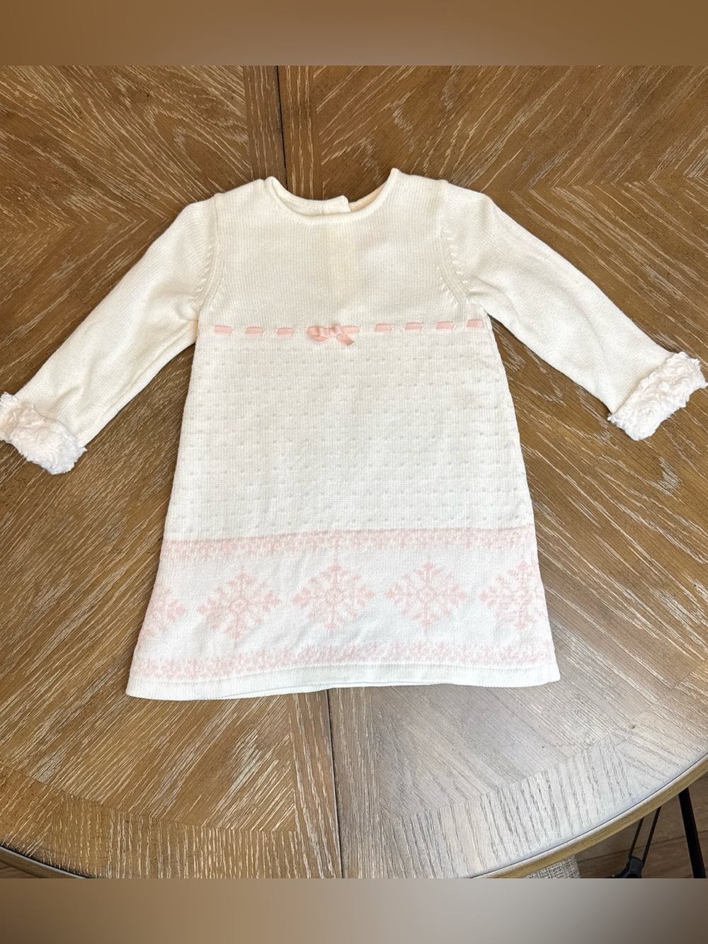 Janie and Jack layette Cream Knit Dress with Pink Trim 12-18 months